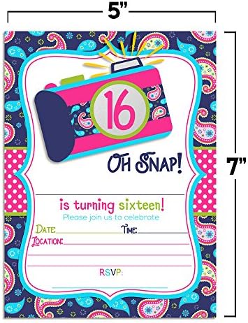 Oh Snap! Temeljni 16. rođendanski pozivnice za djevojčice, 20 5 x7 ispunjavaju kartice sa dvadeset bijelih koverti
