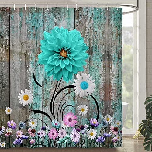 Spring cvjetna tuš zavjesa, tirkizna plava cvjetna zastor za tuširanje, vinatge rustic drva seoska kuća za tuširanje,