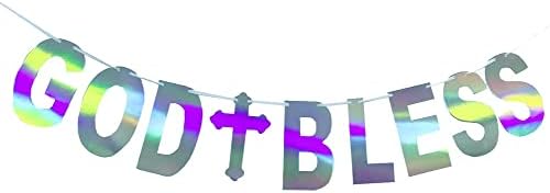 Bluy Holografski Bog Bless Banner Boy Girl Baptism Bunting String zastave Iridescentno bijelo