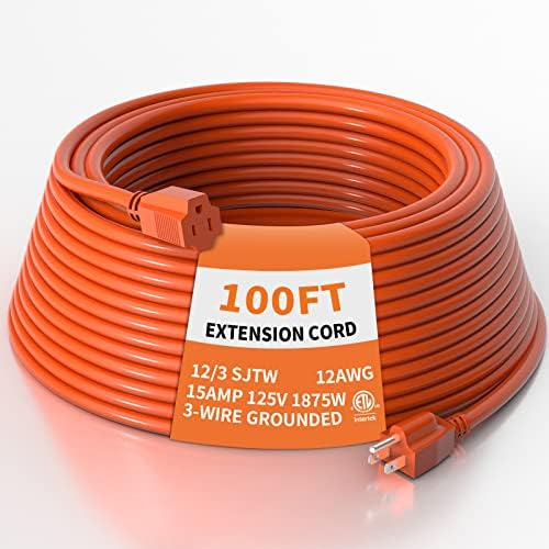 Plugtul 12/3 Vanjski produžni kabel 100 ft Vodootporan, teška dužnost 12-mjera SJTW produžni kabel, 15A 1875W,