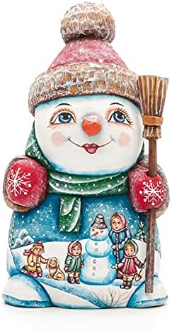 160 mm snjegović sa metlom i zelenim božićnim drvcama na drvenoj figurici sa rukom oslikanim
