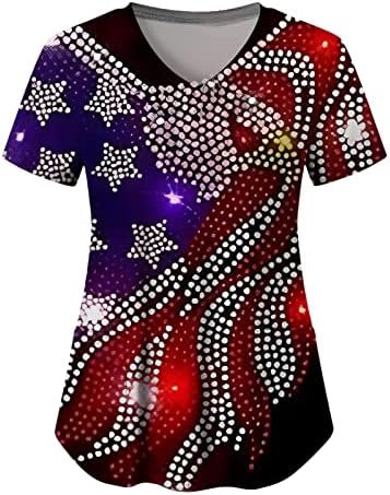 4. jula majice za žene američka zastava ljetna kratka rukava V vratna košulja sa 2 džepa bluza Top