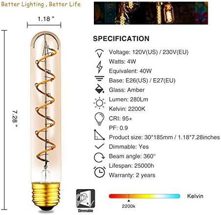 Beilf T10 Filament 40W LED Edison sijalica,E26 baza, Cjevasta sijalica duga 7,3 inča, zatamnjiva,