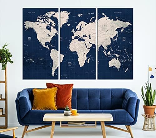 Mornarsko plava karta svijeta zidna Umjetnost Multi Panel X-veliki platneni Print za Kućni dekor dnevna