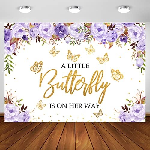 Aperturee A Little Butterfly je na putu Baby Shower Backdrop 10x7ft ljubičaste Floral Gold Dots djevojke
