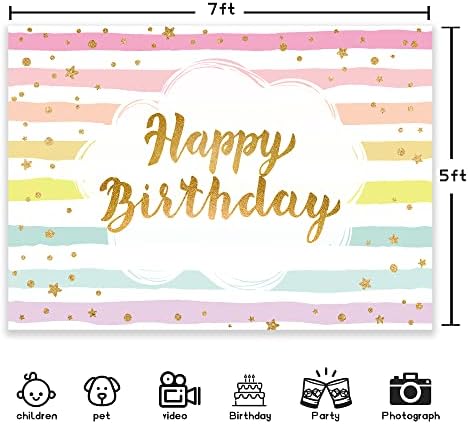 Newsely Colorful happy Birthday backdrops Rainbow Stripes Kids Girl Baby Shower Party Banner Decoration Supplies