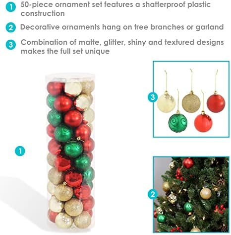 Sunnydaze Holly Jolly 50-grof shatseoforon božićni kuglični komplet sa kukama - ukrasima drveća