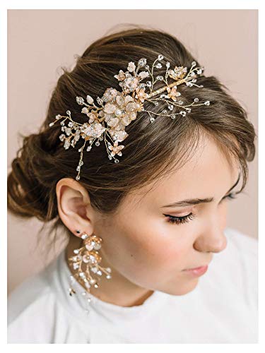 SWEETV cvijet-list Svadbeni traka za glavu Gold Crystal Tiara za žene biser vjenčanje Headpieces za bride hair