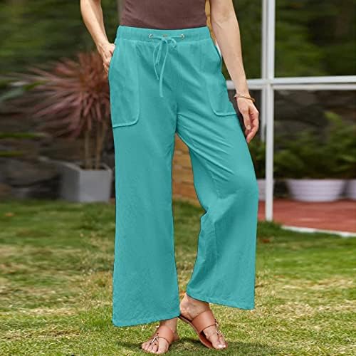 Kcjgikpok ženske lanene pantalone, čvrste elastične široke nogavice trendi lanene pantalone sa džepovima radne
