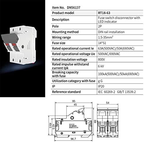 DASBE 2PCS AC osigurač baza RT18X-63-2P Fusibles Box Fast Blow Ceramic RO16 DIN Rail Moun 14x51mm 500V