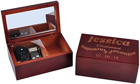Strašna personalizirana smeđa drvena muzička kutija sa ogledalom, kutija za djeveruše, drvna muzička