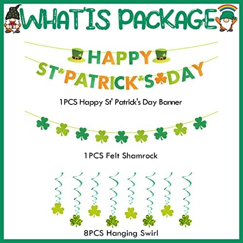 Dnevne ukrase St.Patricks, 1 filc Shamrock Clover Garland + 1 Happy St.Patricks Day Baner + 8pcs Viseći vrtloge,