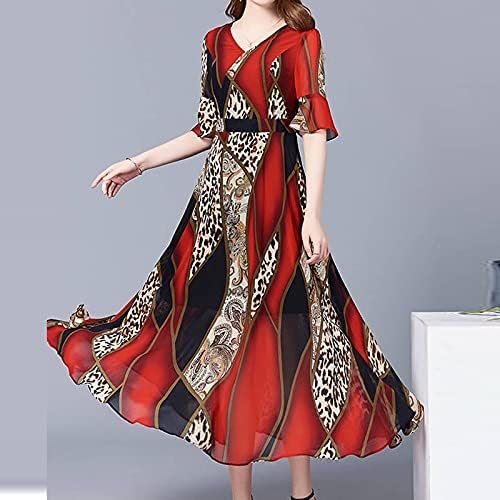 Nyybw Dužina za ispis Leopard haljina Ljeto Kratko koljeno Žene Modne ženske haljine rukava V-izrez