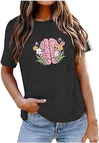 Cvjetna majica mozga za žene Vintage grafički tees Basic Casual Ljeto Tunika Top Teen Girl Chirt Short Crewneck