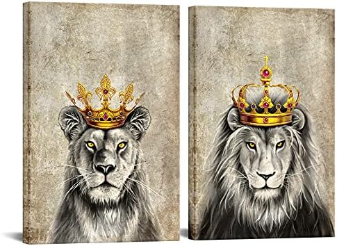 DuoBaorom 2 komada King Animal Canvas Wall Art Lion i Lioness Gold Crown romantično par umjetničko djelo za spavaću
