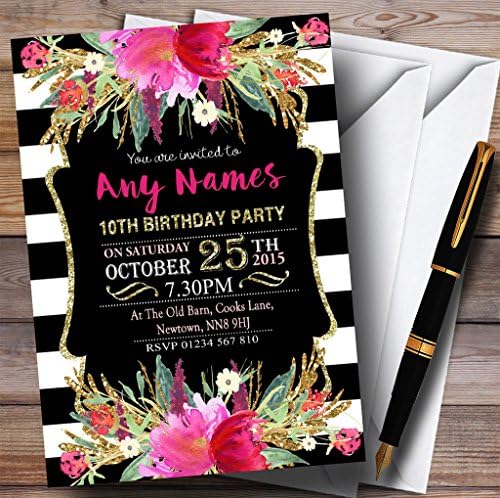 Ružičasti crno-bijeli prugasti cvjetni 10. personalizirani rođendanski pozivnici