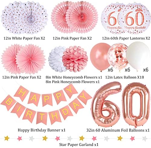 Ukrasi 60. rođendana, 60. rođendanski ukrasi za žene, sretan rođendan 60. Papirni lampioni