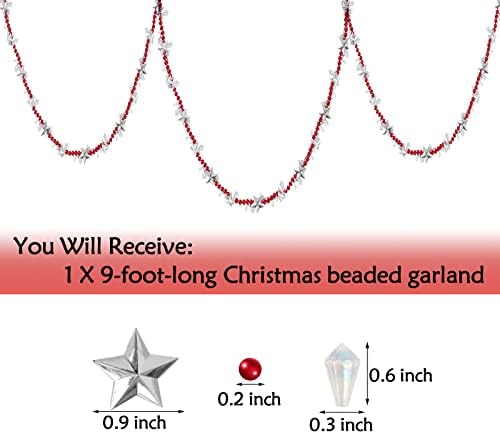 9ft odmor uvijena perla Garland, srebrna zvezda i čista iridescentna i crvena perla Garland Božićne