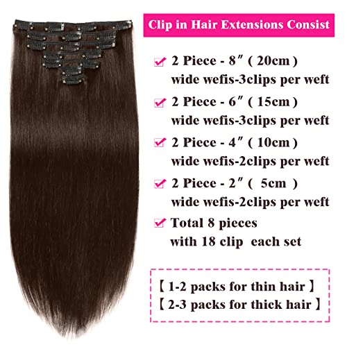 Clip in Hair Extensions prava ljudska kosa za crne žene 20 inč 2 tamno smeđe boje ravne Remy
