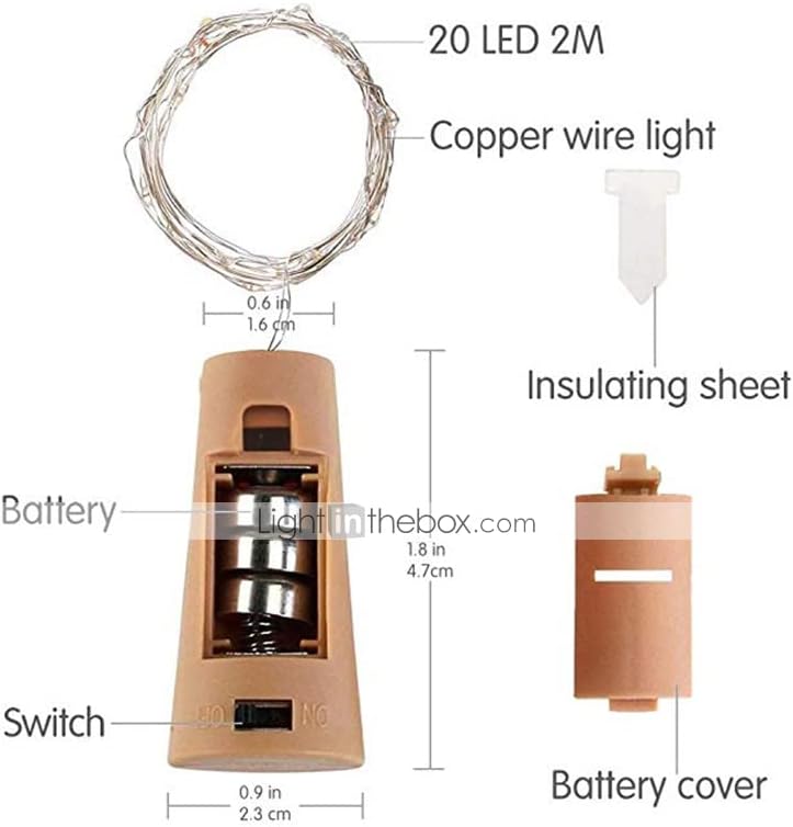 LightInTheBox 10 pakovanja svjetla za flaše vina sa plutom, 20 LED bajkovitih Mini žica na baterije bakarna