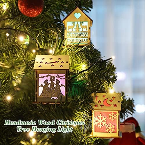 Luxspire Drvena kuća Božićni viseći ukras, mini ukrasi za božićno ukrašavanje stabla, LED