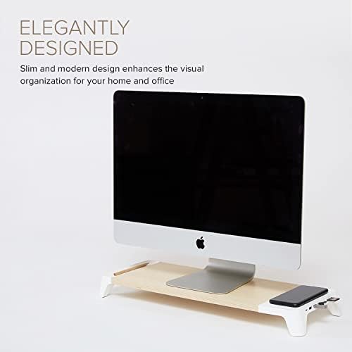 Pout E8 Bijeli drveni stol za monitor Riser Polica + Qi 3.0 Brzi bežični punjač + USB čvorišta za laptop, IMAC,