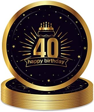 Oxylipo 24pcs 9 inčni 40. rođendanske ploče crne zlatne okrugle papirne ploče za 40. rođendanske potrepštine