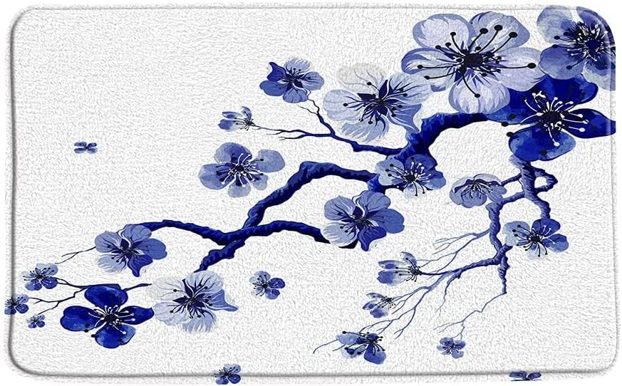 Cherry Blossom Mat za kupanje Plavi cvijet Proljetni cvijet latice grana Azijska japanska akvarel umjetnička