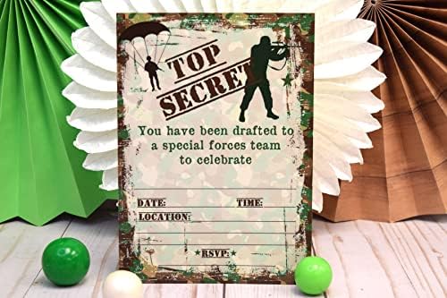 Vrhunske tajne maskirne vojne vojske pozivnice za rođendan, 20 5 x7 ispunjavaju kartice sa dvadeset bijelih koverta