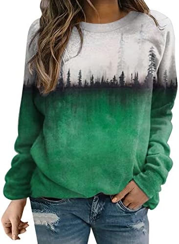 Žene boja stabla Print labave pulover vrhovi okrugli vrat Casual T Shirt dugi rukav teške dukseve