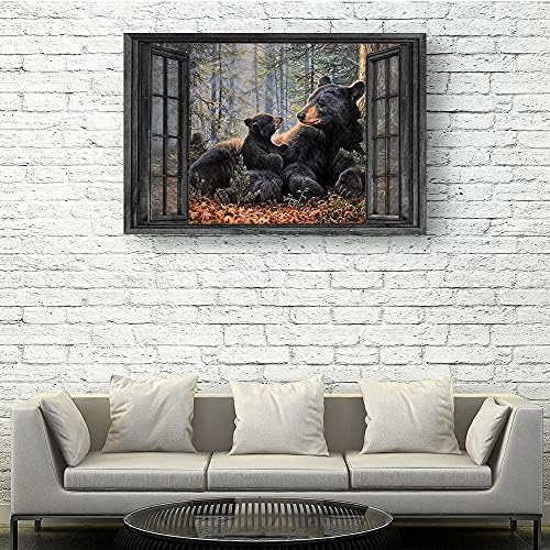 Crni medvjedi izvan prozora Funny životinja Vintage poster slika zid Artwork slike Print za spavaću