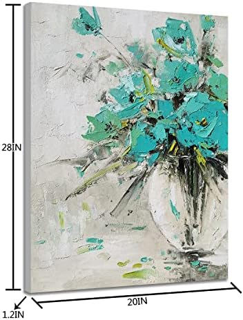 YHSKY ARTS Teal Floral Paintings-Hand Painted Flower Canvas Wall Arts-moderna Mrtva priroda umjetnička