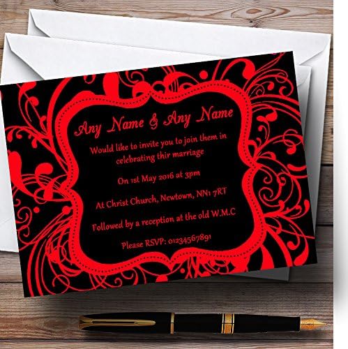Crno-crvene vrtložne deko personalizirane pozivnice za vjenčanje