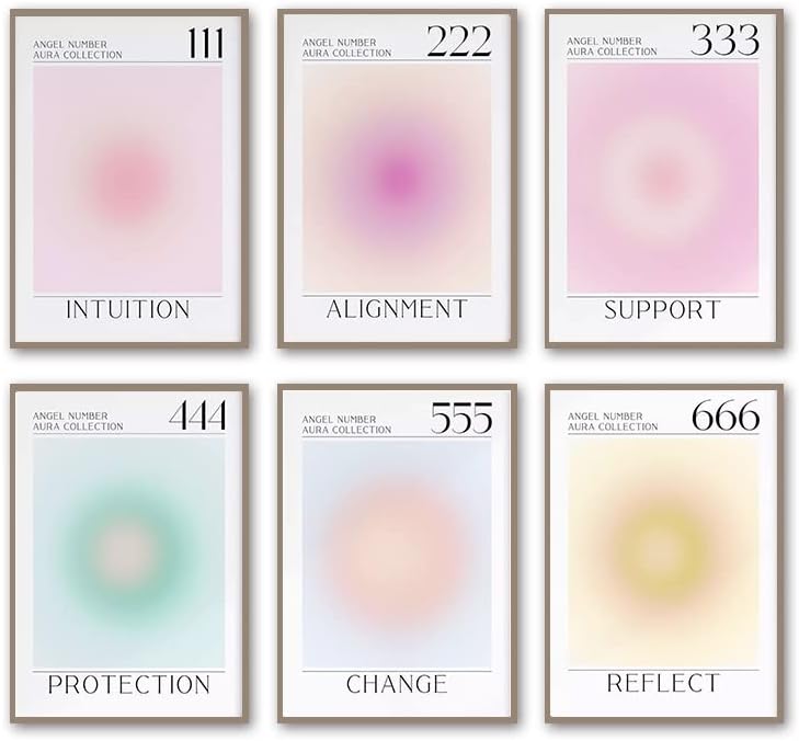 Aura Angel Numbers Poster Sets of 6 za sobu estetski minimalistički Inspirativni citati Wall Art Canvas