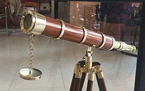 Vintage nautički kolekcionarni mesingani teleskop sa smeđim drvenim podesivim stativom