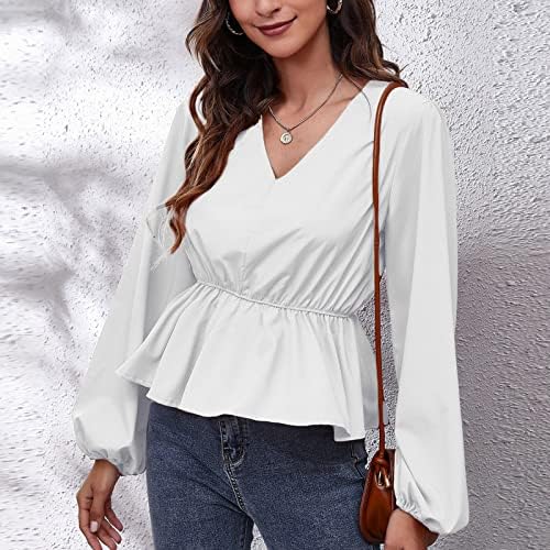 V izrez Peplum košulja za ženska lampion dugih rukava s ljuljačkim majicama koja sakriju babdene slatke bluze