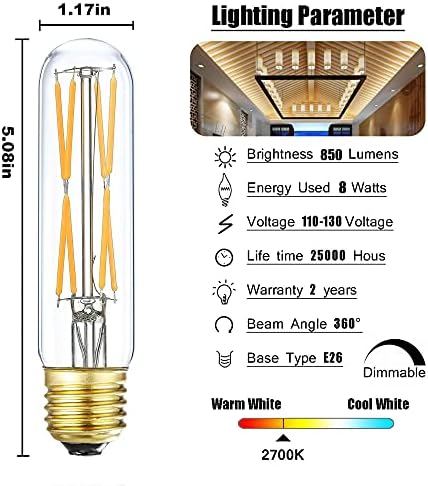 Xininsun T10 LED sijalica, 8W dimabilne Led cevaste sijalice, ekvivalent 75-100 W, 2700k meka topla bijela,