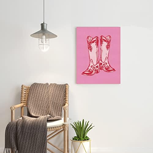 NISTOMISU Red Heart Cowboy Boot Canvas Prints Wall Decor Western Cowgirl Pink Canvas Art Sign Canvas
