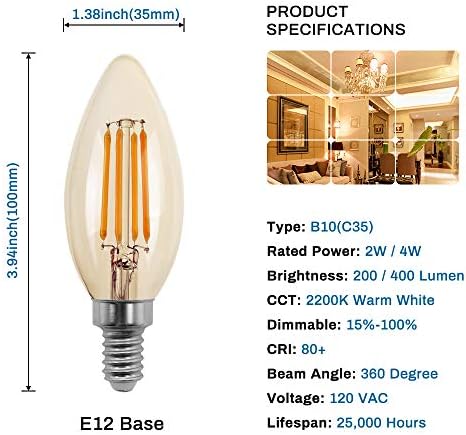 Runquiz dimabilna kandelabra LED sijalica B11/C35, E12 baza, meka topla bijela 2700k, Jantarno staklo, visoke CRI95, 4W Vintage luster sijalice 20 W ekvivalentno