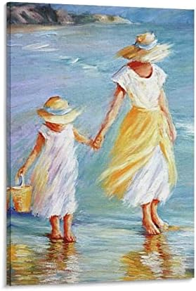 Ulje slika uljana majka i kćer igrajući na plaži Plakat toplo poster platno Art Poster Wall Art Slika