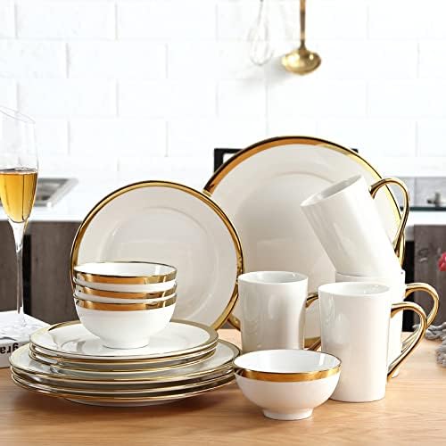 Loymokinar Bijeli i zlatni set za ručavanje, 16-komadno moderno podešavanje porculanskih jela, uključuje