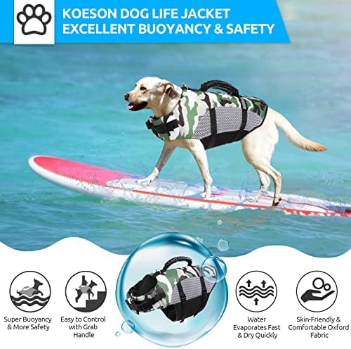 Koeson Dog Life Jacket Ripstop Pet Sigurnosni prsluk Prsluk, Podesivi psi LifeSaver prsluk sa poboljšanom plovnom i spasilačkom ručicom, maskirni kupaći kostim za mane srednje i velike pse