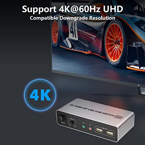 Dvo Monitor KVM prekidač HDMI + DisplayPort 2 Port, podržava EDID, 4K@60Hz prošireni ekran KVM Switch 2 monitora 2 računara sa izlazom Audio mikrofona i 3 USB porta, KVM Switcher PC Monitor