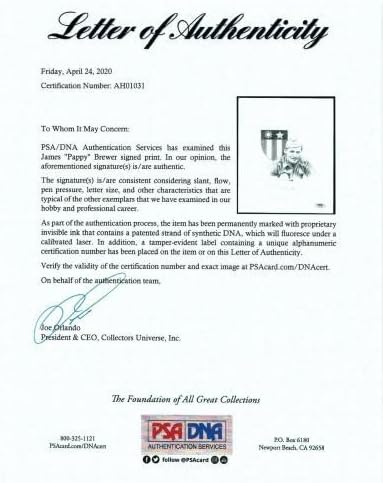 James Pappy Brewer potpisan ispis PSA DNK AH01031 - AUTOGREM MLB ART