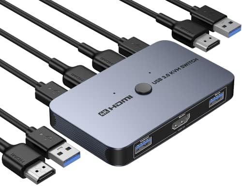 KVM prekidač, ABLEWE Aluminijum KVM prekidač HDMI, USB Prekidač za 2 računara koji dele štampač sa tastaturom miša na jedan HD Monitor, podržava 4K@60Hz,2 HDMI kabla i 2 USB kabla