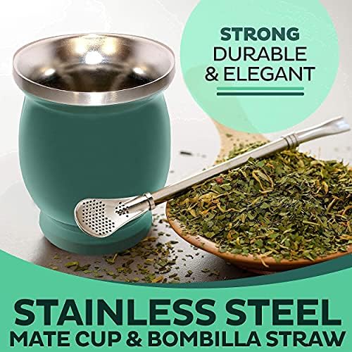 Gray & Green Yerba Mate Prirodni gurljivi / čaj za čaj set paketa | Uključuje bombila i četkicu za čišćenje | Nehrđajući čelik | Dvostruki zid