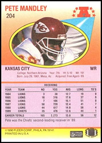1990. Fleer # 204 Pete MANDLEY NM-MT Kansas City poglavari zvanično licencirane fudbalske kartice NFL