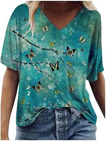 Ženska Moda štampani pulover V-izrez Casual Tees majice slatka Bttterfly grafički bluze kratki rukav Top ljeto