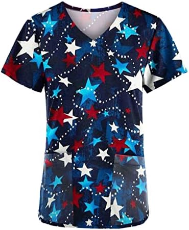 Ženski dan nezavisnosti Scrubs_Tops V izrez Star Print majice Kratki rukav Ležerne prilike ljetne vrhove Bluze
