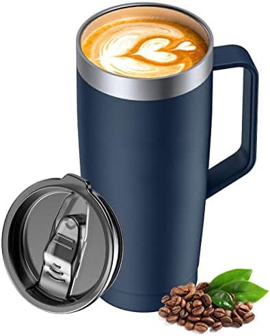 LyiFine Travel Coffeoz 24oz, izolirana šolja za kavu za vruće i hladno piće, dvostruko zidni vakuum od nehrđajućeg čelika kafe šalica s ručkom i kliznom poklopcem za svakodnevni život, putovanja, ured, plavi
